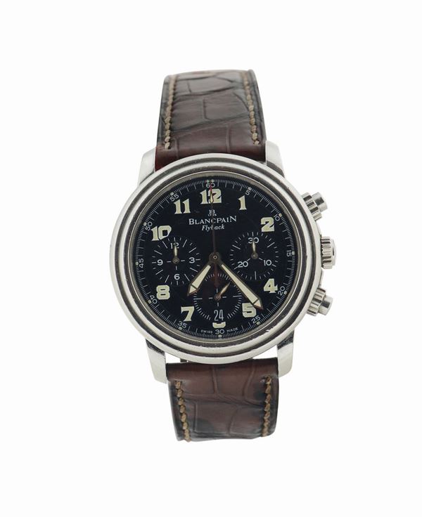Blancpain, Flyback Chronograph, No. 612, self-winding, water-resistant, stainless steel wristwatch with round-button chronograph, registers, date and a stainless steel Blancpain buckle. Made in the 1990's.