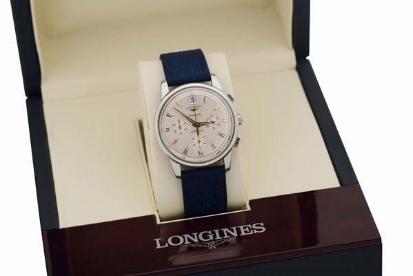 Longines, Conquest Calendar, Automatic, Ref. L 1.641.4,case No. 511.960, center-seconds, self-winding, water resistant, stainless steel chronograph wristwatch with date. Accompanied by the original box and guarantee.