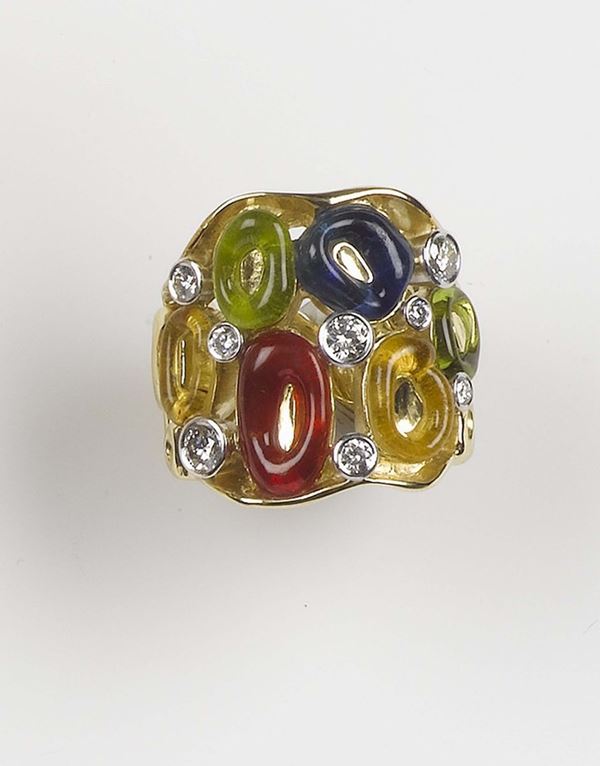 Enrico Cirio, Torino. A Bolle diamond and colored glass ring