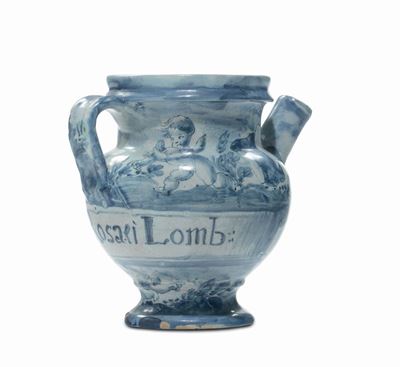 Boccale in Maiolica di Farmacia con Decoro a Scenografia Barocca, Savona XVIII Secolo
