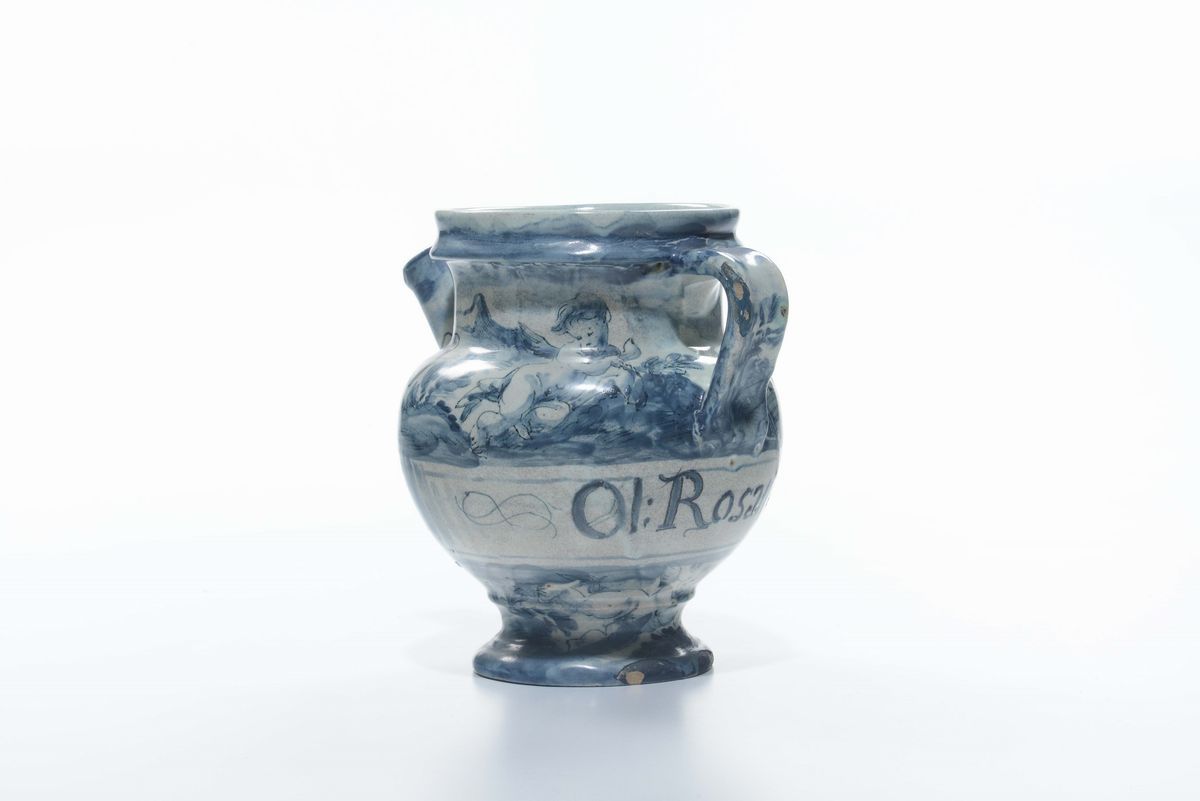Boccale in Maiolica di Farmacia con Decoro a Scenografia Barocca, Savona XVIII Secolo