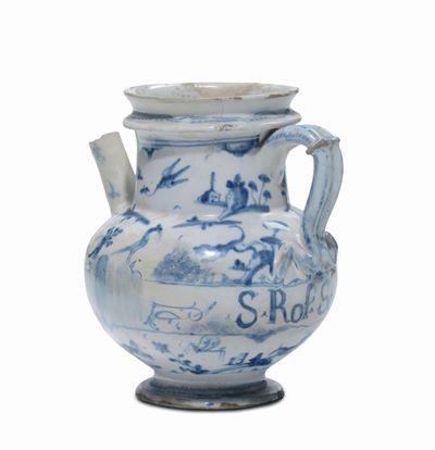 Boccale in Maiolica di Farmacia con Decoro a Paesaggi e Animali, Savona XVIII Secolo