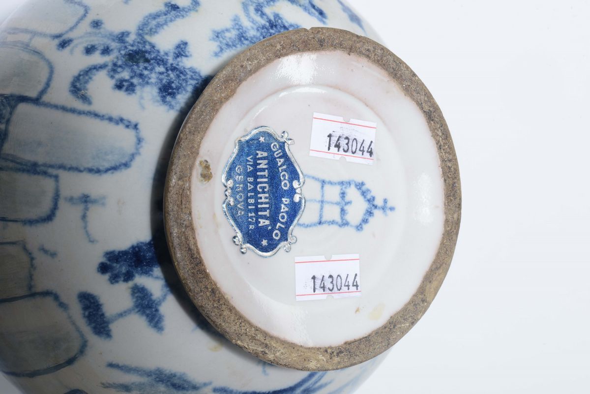Boccale in Maiolica di Farmacia con Decoro a Paesaggi e Animali, Savona XVIII Secolo