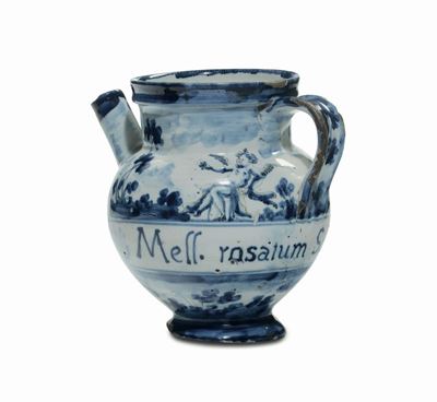 Boccale in Maiolica di Farmacia con Decoro a Scenografia Barocca, Savona XVIII Secolo