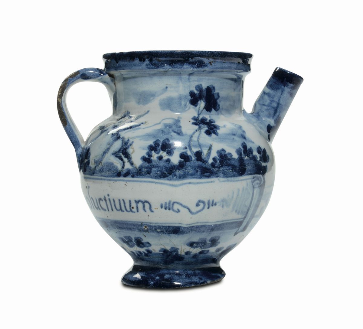 Boccale in Maiolica di Farmacia con Decoro a Scenografia Barocca, Savona XVIII Secolo