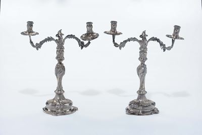 Coppia di Candelieri in Argento, Genova XVIII Secolo, Punzone della Torretta per L’anno 1793, Pie...
