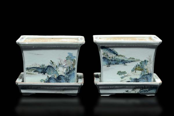 A pair of polychrome enamelled porcelain jardinières with landscapes, China, Qing Dynasty, 19th century
