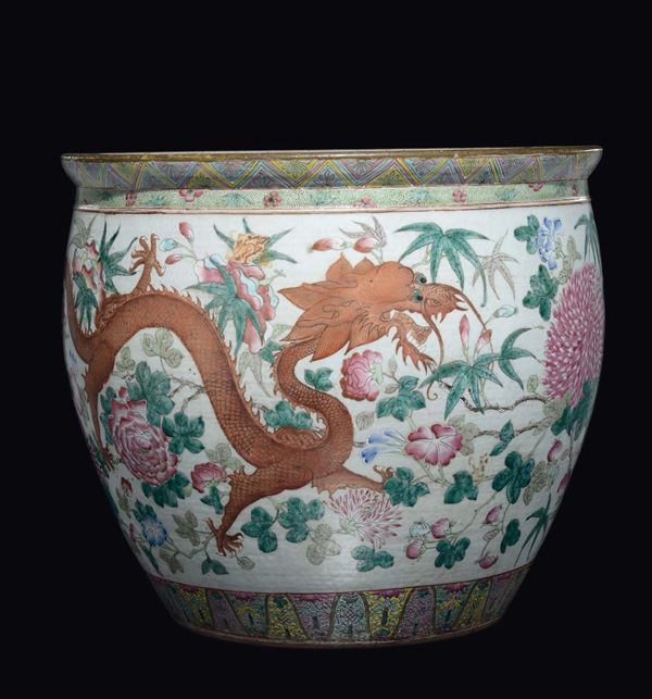 Grande cachepot in porcellana Famiglia Rosa con dragoni, Cina, Dinastia Qing, epoca Guangxu (1875-1908)