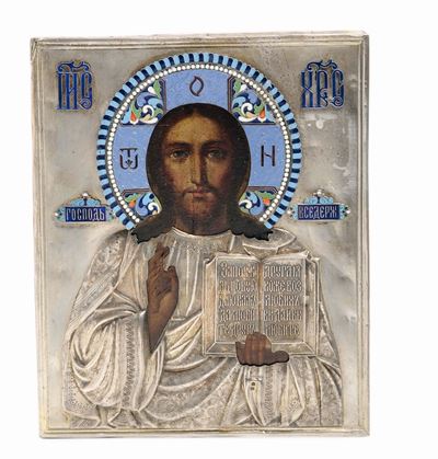 Icona Raffigurante Cristo Pantocrate. Russia XX Secolo. Bolli in Uso dal 1908 al 1917