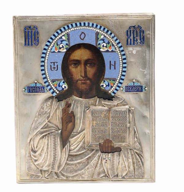 Icona raffigurante Cristo Pantocrate. Russia XX secolo. Bolli in uso dal 1908 al 1917