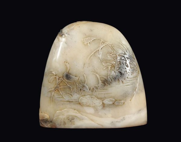 Sigillo in giada a forma di montagna con inciso papere, Cina, Dinastia Qing, XIX secolo