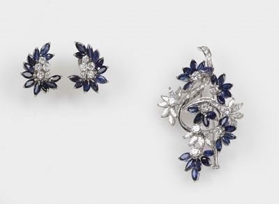 Parure Composta da Orecchini e Spilla con Zaffiri e Diamanti