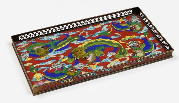 A glazed tray depicting dragons, China, 20th century