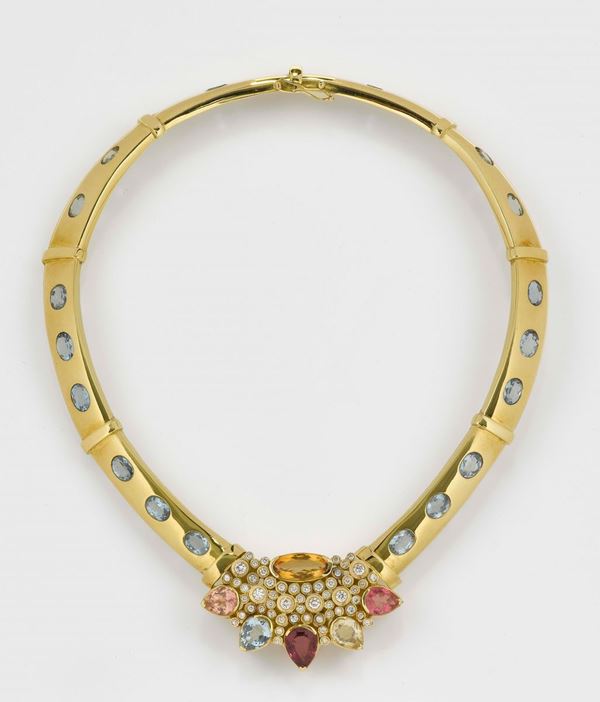 A tourmalines, aquamarine, beryl and diamond necklace