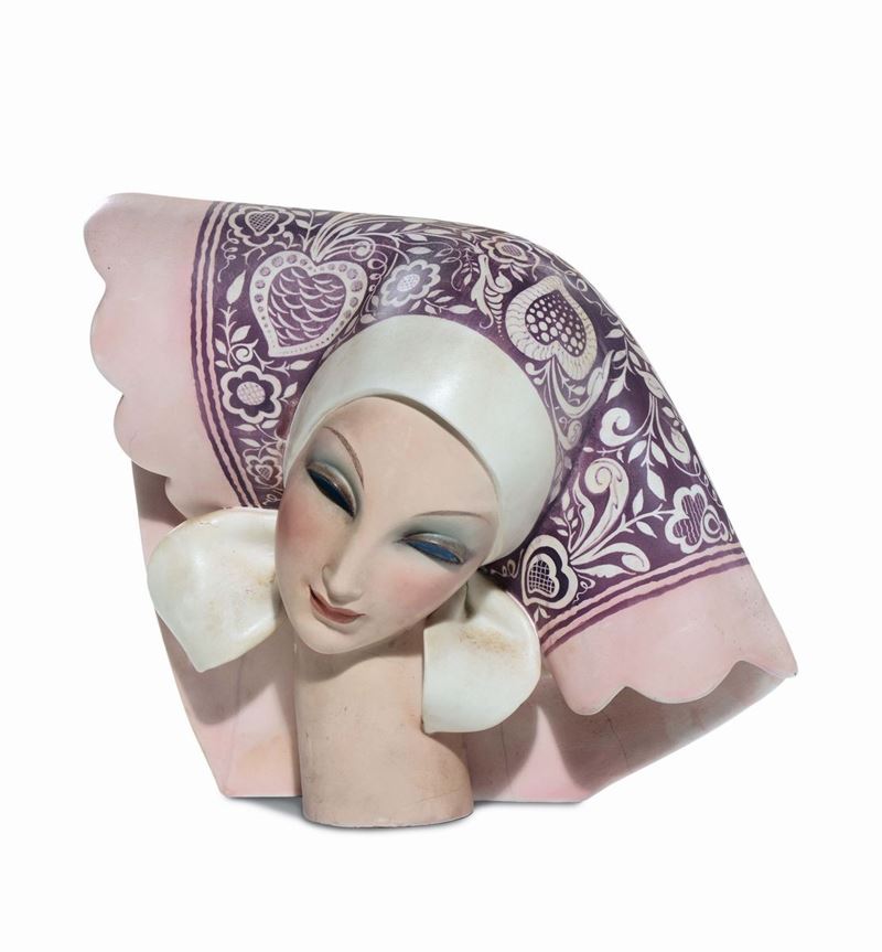 Guido Cacciapuoti - G.Y. Elcod Volto femminile con foulard  - Asta Arti Decorative del XX secolo - Cambi Casa d'Aste
