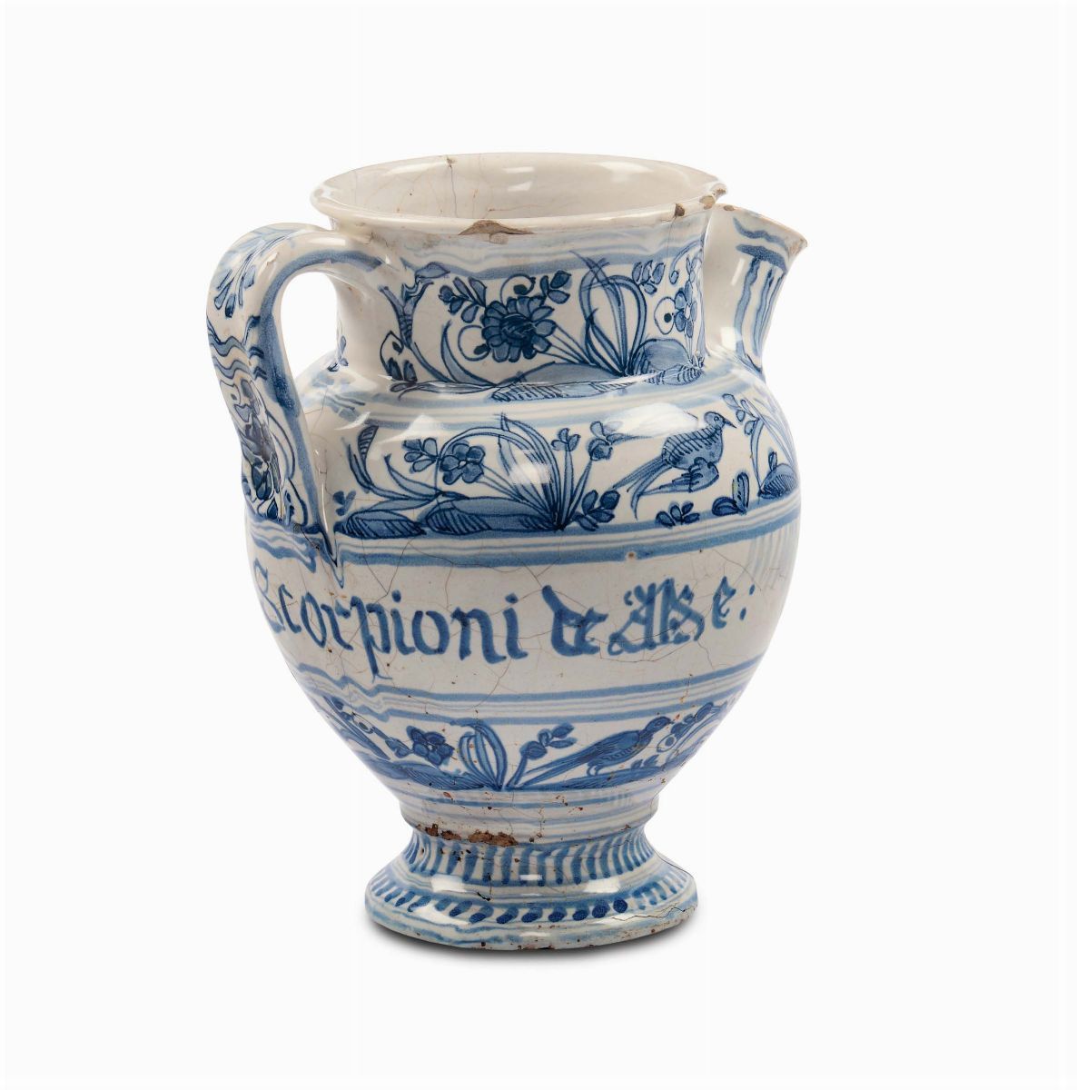 Orciolo in Maiolica di Farmacia a Decoro Calligrafico Naturalistico, Savona Seconda Metà del XVII...