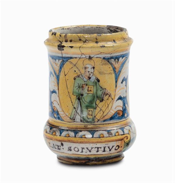 Piccolo albarello di farmacia in maiolica con San Lorenzo, Montelupo, inizio XVII secolo