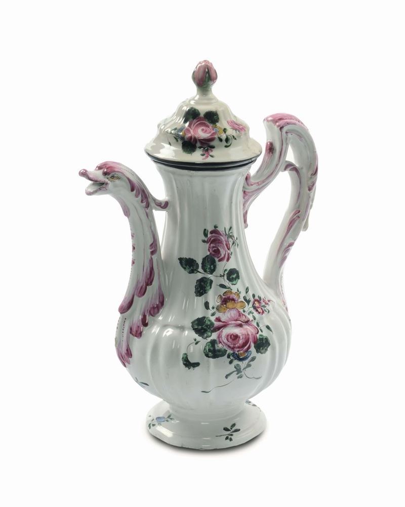 A maiolica coffee pot, Monte Milone (Pollenza), workshop of Verdinelli, 18th century  - Auction Majolica and porcelain from the 16th to the 19th century - Cambi Casa d'Aste