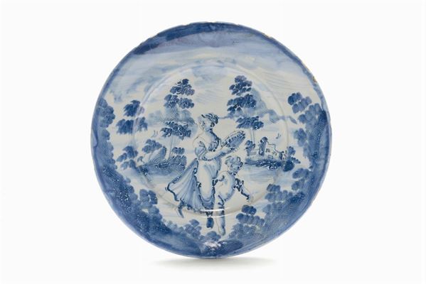 Piatto in maiolica con decoro a scenografia barocca, Albisola XVIII secolo