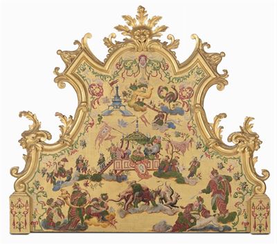 Testata di Letto in Legno Intagliato, Dorato e Dipinto in Policromia, XVIII-XIX Secolo