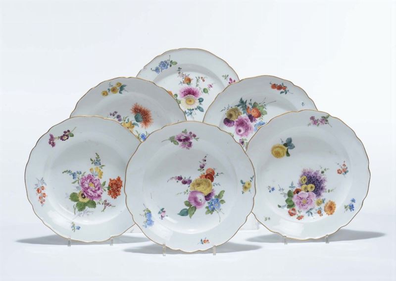 Sei piatti in porcellana, Meissen, XX secolo  - Asta Arredi dalle dimore degli eredi Ercole Marelli e altre provenienze - Cambi Casa d'Aste