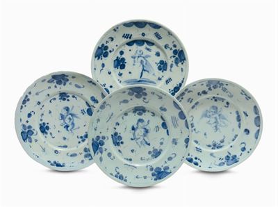 Quattro Piatti in Maiolica, Savona, Marca Lanterna, XVIII Secolo