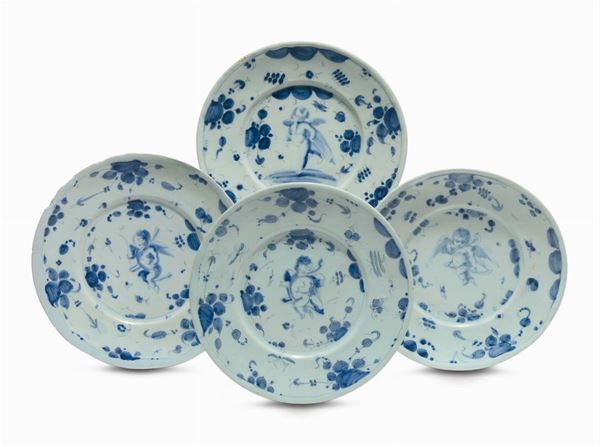 Quattro piatti in maiolica, Savona, marca Lanterna, XVIII secolo