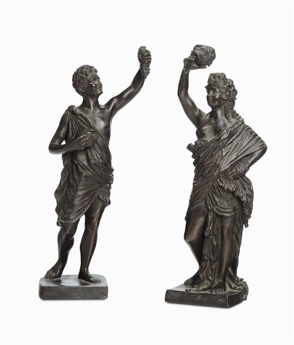 Coppia statuine in bronzo raffiguranti le allegorie di vino e acqua