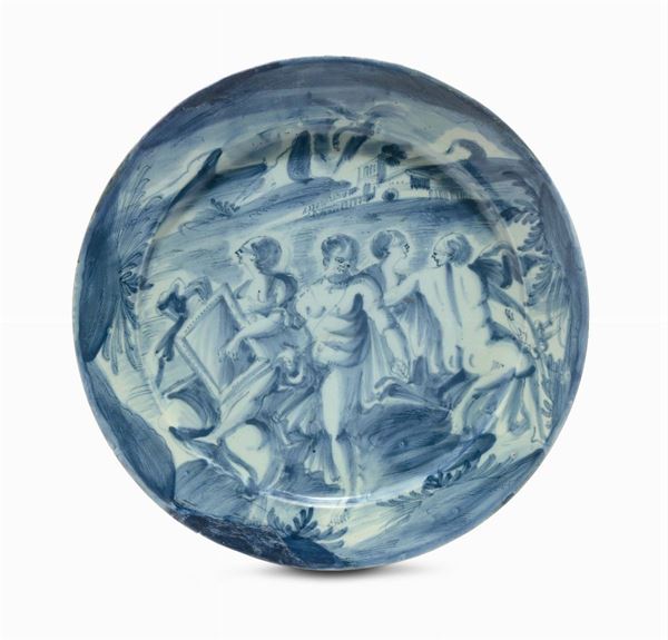 Piatto in maiolica bianca e blu decorato con figure, Savona XVIII secolo