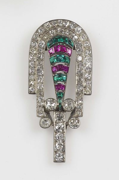 Clips con Diamanti di Vecchio Taglio, Rubini Sintetici e Smeraldi