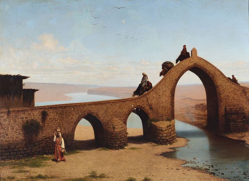Cesare Biseo (Roma 1843-1909) Paesaggio orientalista con ponte  - Asta Dipinti del XIX e XX secolo - Cambi Casa d'Aste