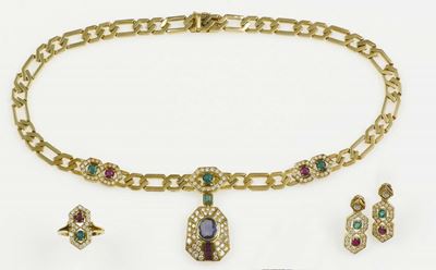 Parure Composta da Girocollo, Anello ed Orecchini con Diamanti, Rubini, Smeraldi e Zaffiri