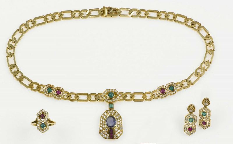 Diamond, ruby, emerald parure comprising a necklace, a ring and a pair of earrings  - Auction Vintage, Jewels and Bijoux - Cambi Casa d'Aste