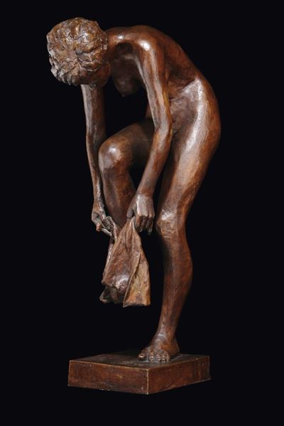 Antonio Sirtori (reggio Emilia 1937)nudo Femminile Nell'atto di Asciugarsi il Piede, 1975