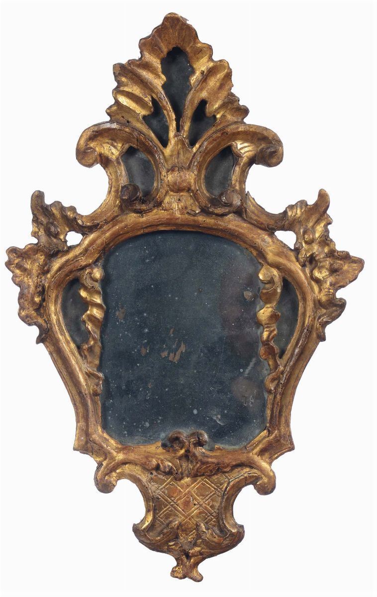 Specchiera sagomata in legno intagliato e dorato, XVIII-XIX secolo  - Asta Cornici Antiche - Cambi Casa d'Aste