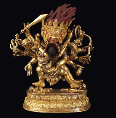 Mahakala con Moglie in Bronzo Dorato, Cina, Dinastia Qing, Fine XIX Secolo