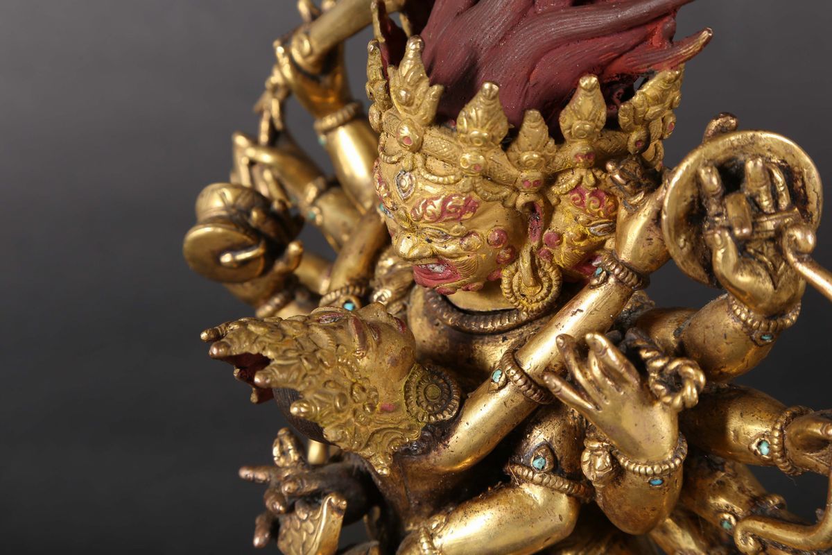 Mahakala con Moglie in Bronzo Dorato, Cina, Dinastia Qing, Fine XIX Secolo