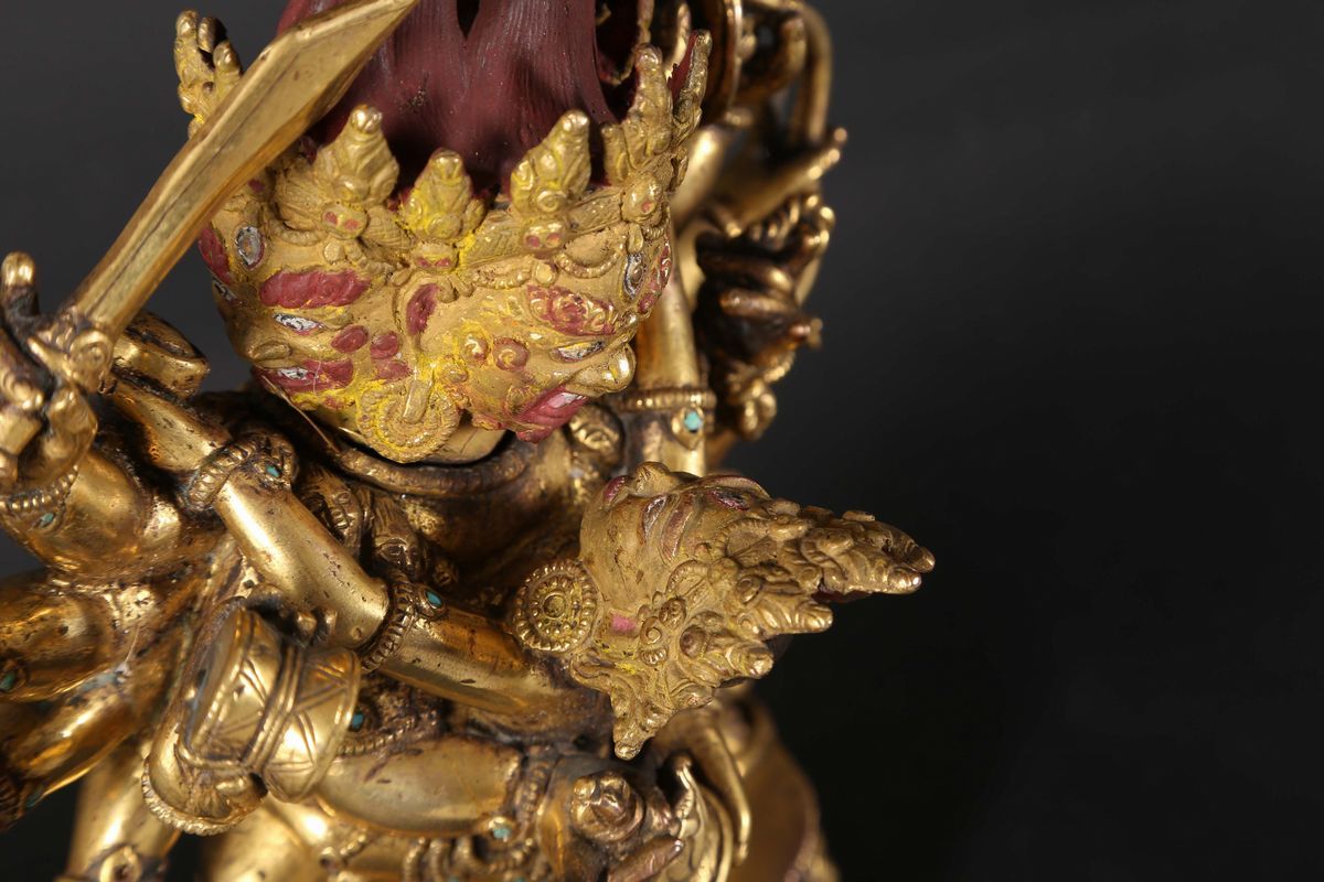 Mahakala con Moglie in Bronzo Dorato, Cina, Dinastia Qing, Fine XIX Secolo