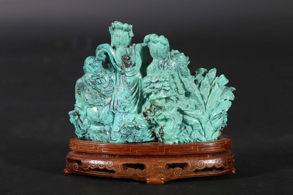 Gruppo in Turchese Raffigurante Guanyin e Dignitario, Cina, XX Secolo