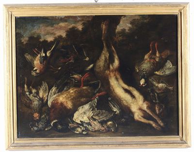 Bartolomeo Bimbi (firenze 1648 - 1725)cacciagione con Lepre e Uccelli