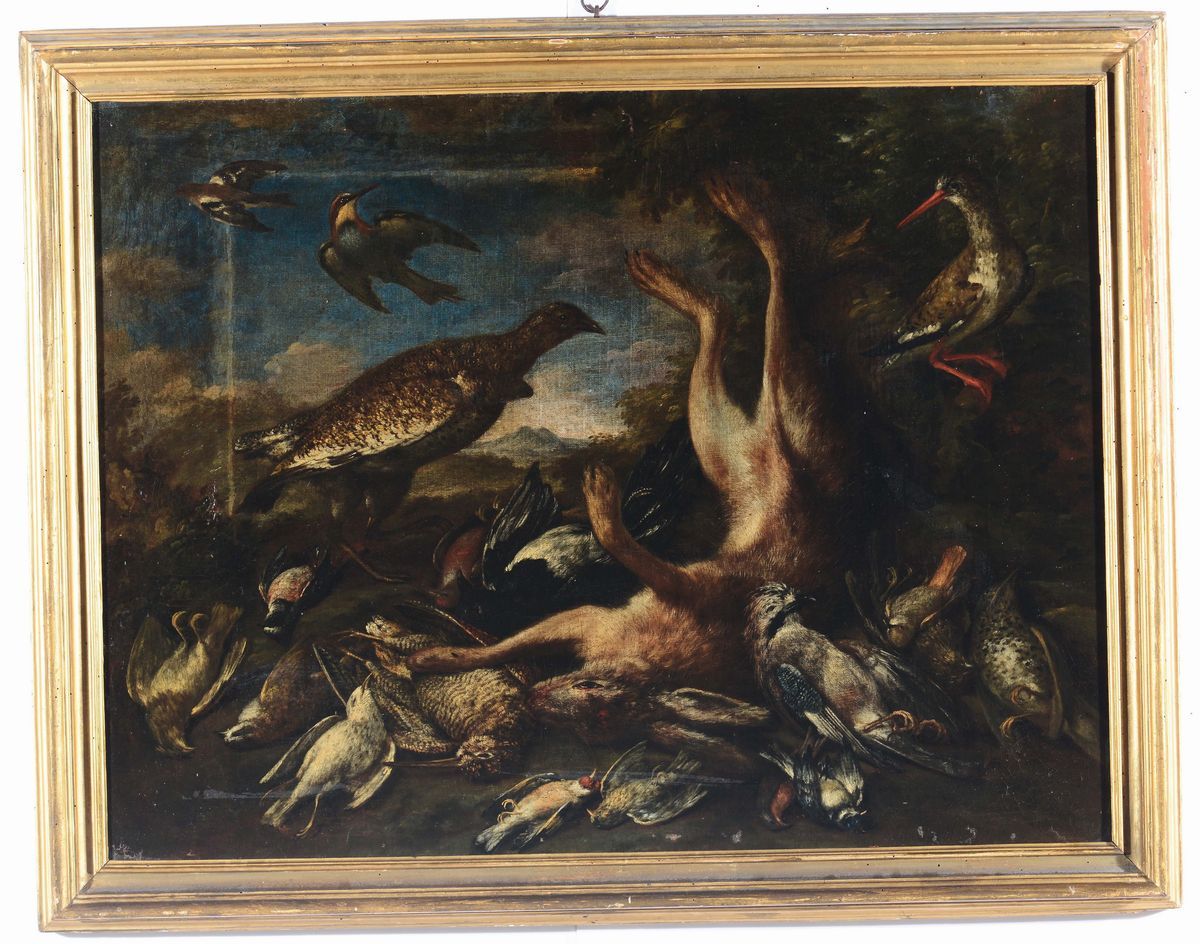Bartolomeo Bimbi (firenze 1648 - 1725)cacciagione con Lepre e Uccelli