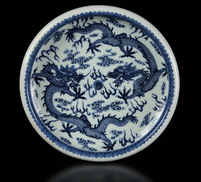 Ciotola in Porcellana Bianca e Blu con Decoro di Draghi, Cina, Dinastia Qing, Epoca Guangxu (1875...
