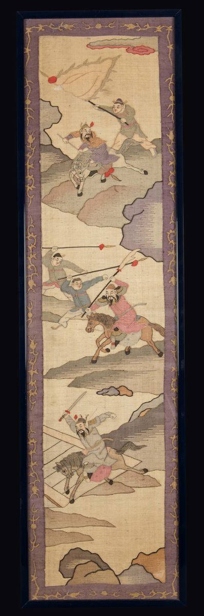 Tre Tessuti Kesi Incorniciati Raffiguranti Scene di Guerra, Cina, Dinastia Qing, XIX Secolo