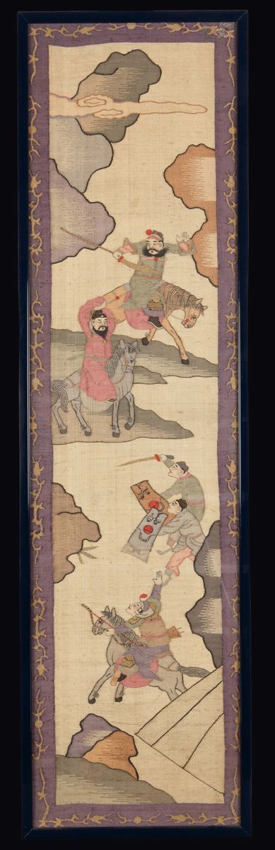 Tre Tessuti Kesi Incorniciati Raffiguranti Scene di Guerra, Cina, Dinastia Qing, XIX Secolo