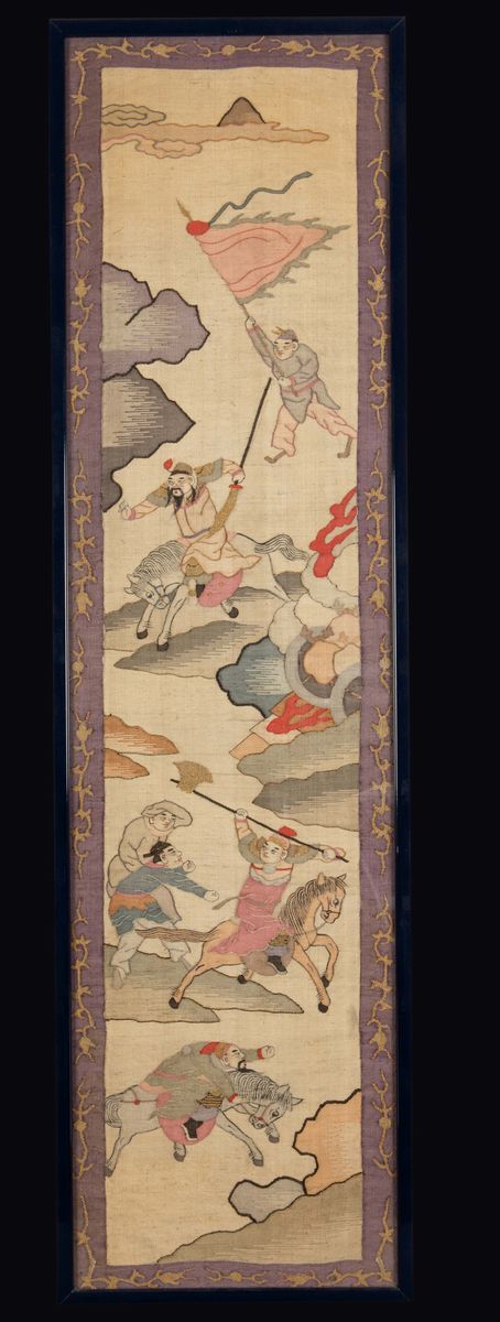 Tre Tessuti Kesi Incorniciati Raffiguranti Scene di Guerra, Cina, Dinastia Qing, XIX Secolo