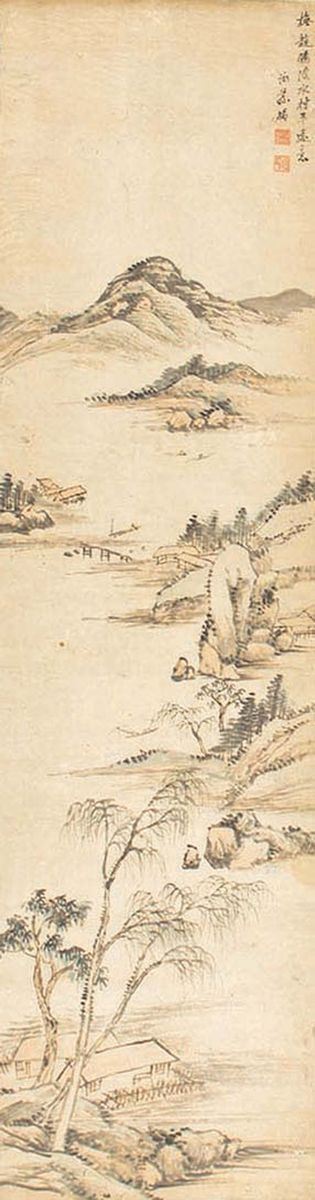 Dipinto su carta raffigurante paesaggio fluviale con iscrizione, Cina, Dinastia Qing, XIX secolo