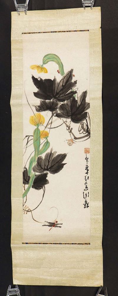 Dipinto su Carta Raffigurante Libellula e Fiori con Iscrizione, Cina, XX Secolo