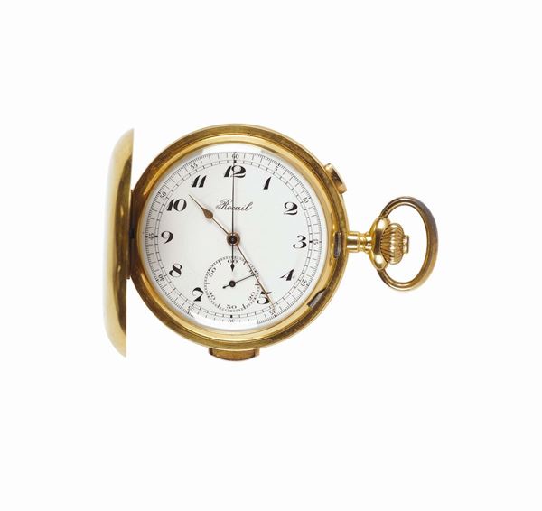 Rocail, Swiss, “Répétition a Minutes Chronographe, No. 84306, minute-repeating, hunting-cased, keyless 18K yellow  gold pocket watch with chronograph.