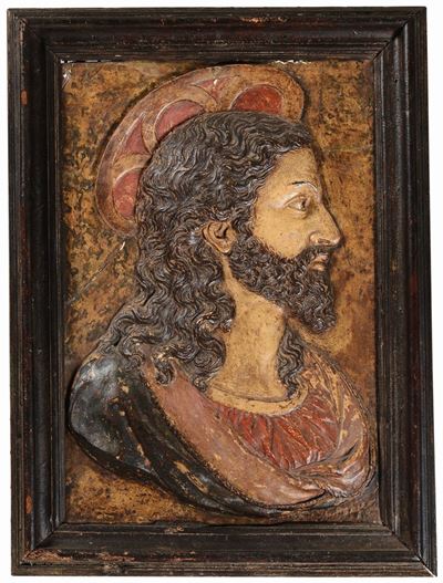 Rilievo in Stucco Policromo Raffigurante Profilo del Redentore. Firenze o Roma Prima Metà del XVI...
