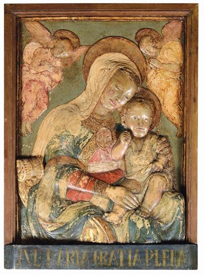 Rilievo in Stucco Policromo Raffigurante Vergine con Bambino a Angeli. Arte Rinascimentale Italia...